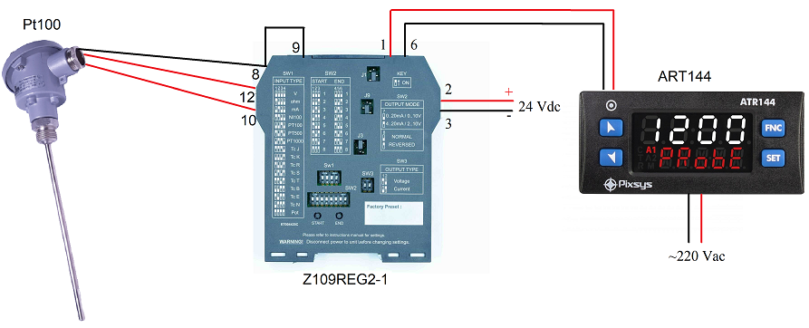 Sơ đồ nối dây bộ chuyển đổi Z109REG2-1 cho tín hiệu Pt100