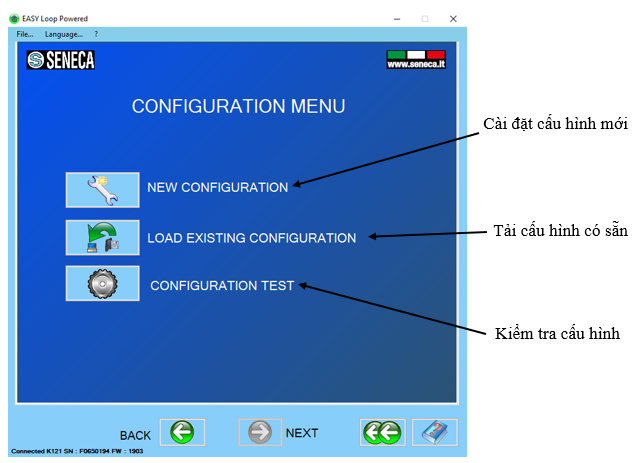 Giao diện bảng CONFIGURATION MENU ứng dụng Easy Setup