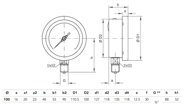 Bảng vẽ đồng hồ áp suất 0-16 bar 100mm